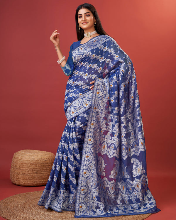 Royal Blue Floral Printed Saree with Ornate Border Detailing