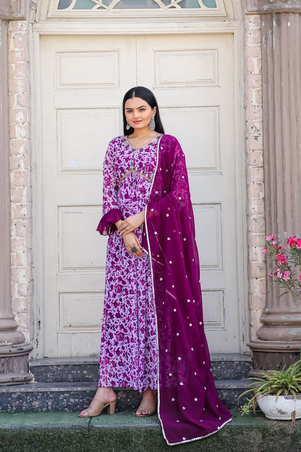 Vibrant Violet Floral Anarkali Ensemble