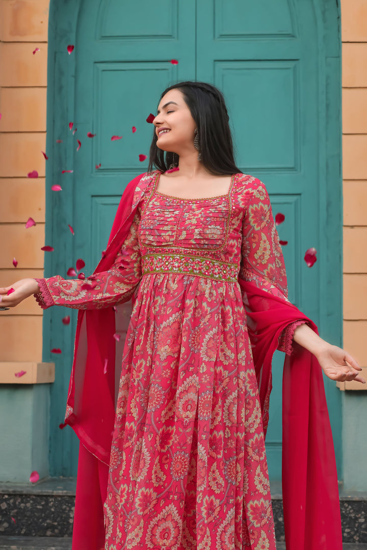 Cardinal Color Anarkali Gown With Dupatta