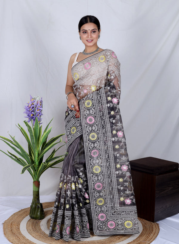 Charcoal Grey Organza Saree with Vibrant Floral Embroidery