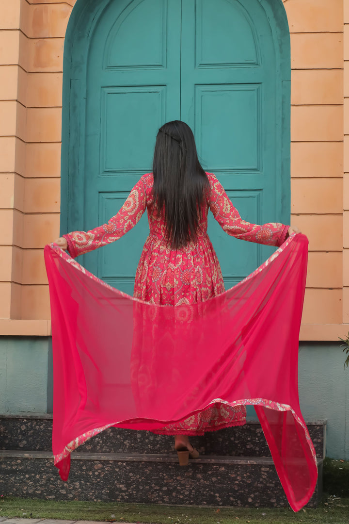 Cardinal Color Anarkali Gown With Dupatta