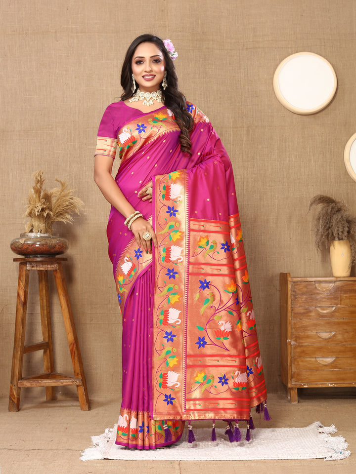 Burnt Pink Paithani Silk Saree Kalamkari Designs With Pallu