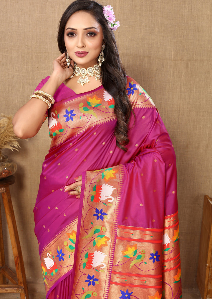 Burnt Pink Paithani Silk Saree Kalamkari Designs With Pallu