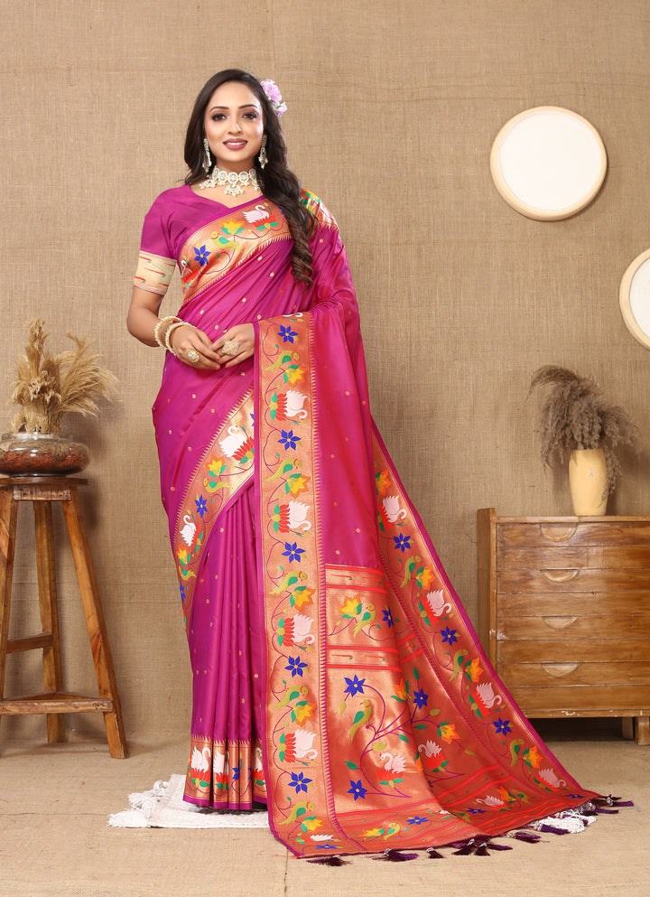 Burnt Pink Paithani Silk Saree Kalamkari Designs With Pallu