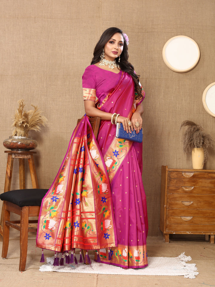 Burnt Pink Paithani Silk Saree Kalamkari Designs With Pallu