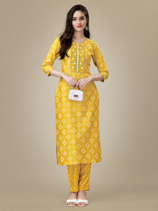 White Print On A Vibrant Yellow Background Kurti Set