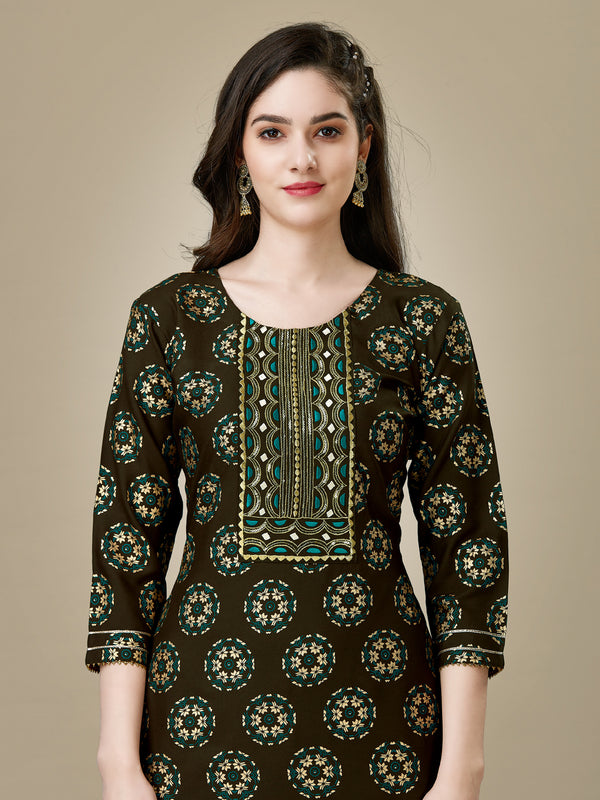 Geometric Charm Olive Kurti Set