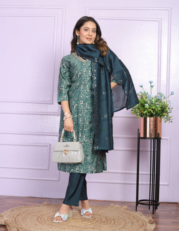 Rama Green Modal Silk Print Kurti With Pent