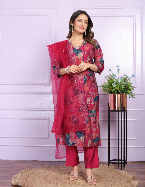 Modal Silk Kurti  Set in Shades of Wine, Adorned with Organza Dupatta