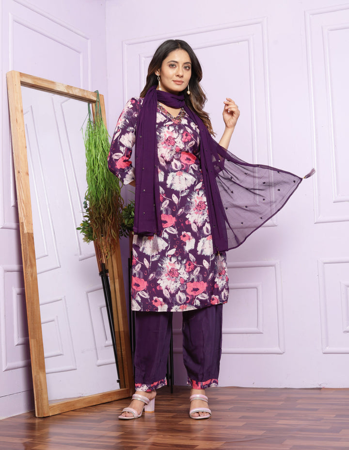 Classic Floral Print Kurtis Set with Dupatta Deep Purple Accents