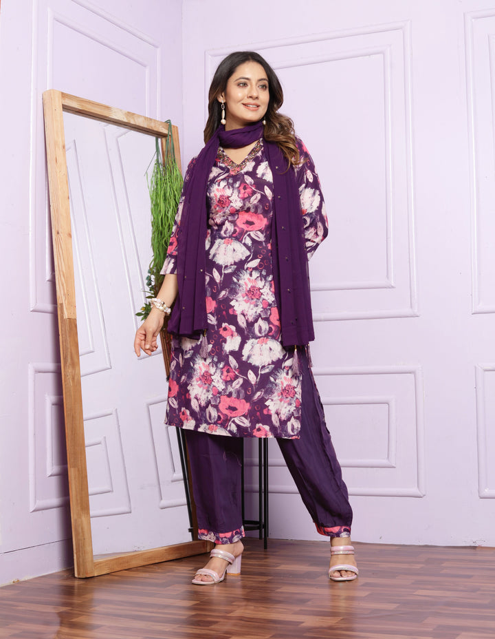 Classic Floral Print Kurtis Set with Dupatta Deep Purple Accents