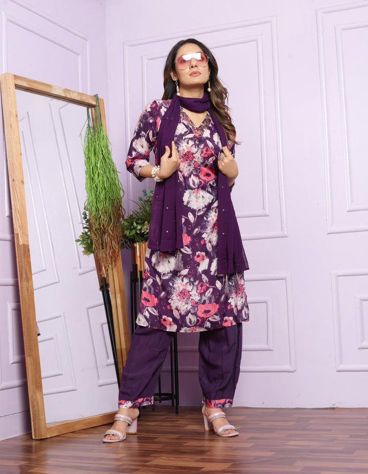 Classic Floral Print Kurtis Set with Dupatta Deep Purple Accents