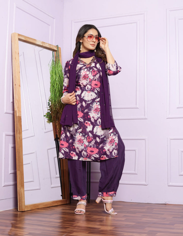 Classic Floral Print Kurtis Set with Dupatta Deep Purple Accents