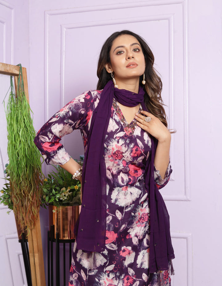 Classic Floral Print Kurtis Set with Dupatta Deep Purple Accents