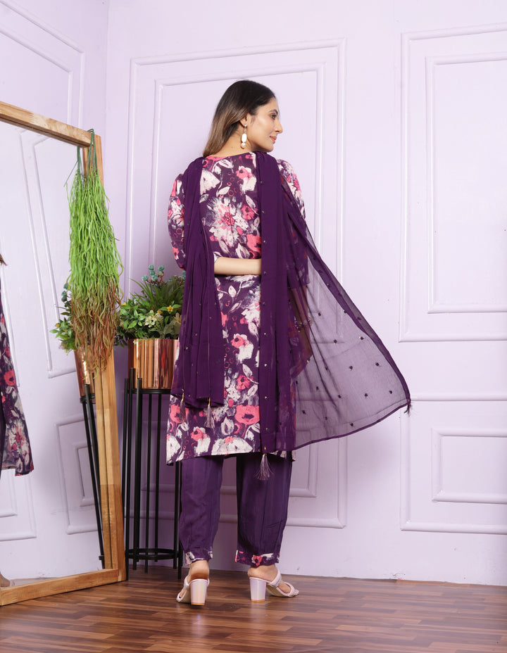 Classic Floral Print Kurtis Set with Dupatta Deep Purple Accents