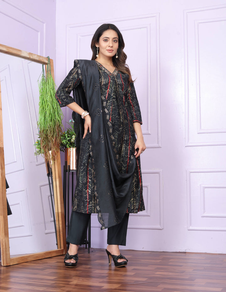 Black Foil Print With Work Dupatta Kurti Set