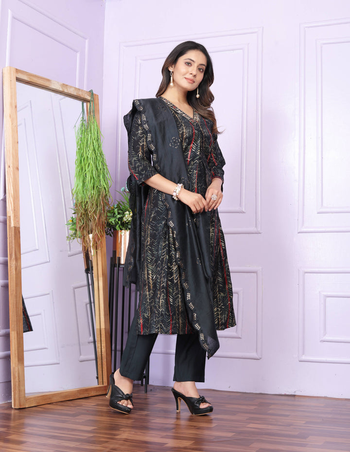 Black Foil Print With Work Dupatta Kurti Set