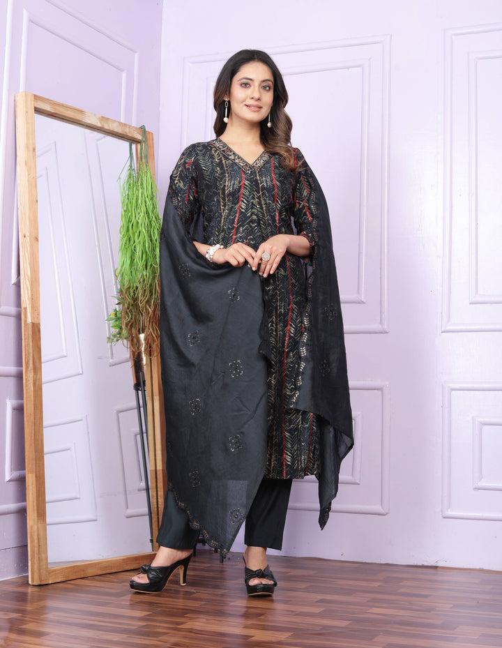 Black Foil Print With Work Dupatta Kurti Set