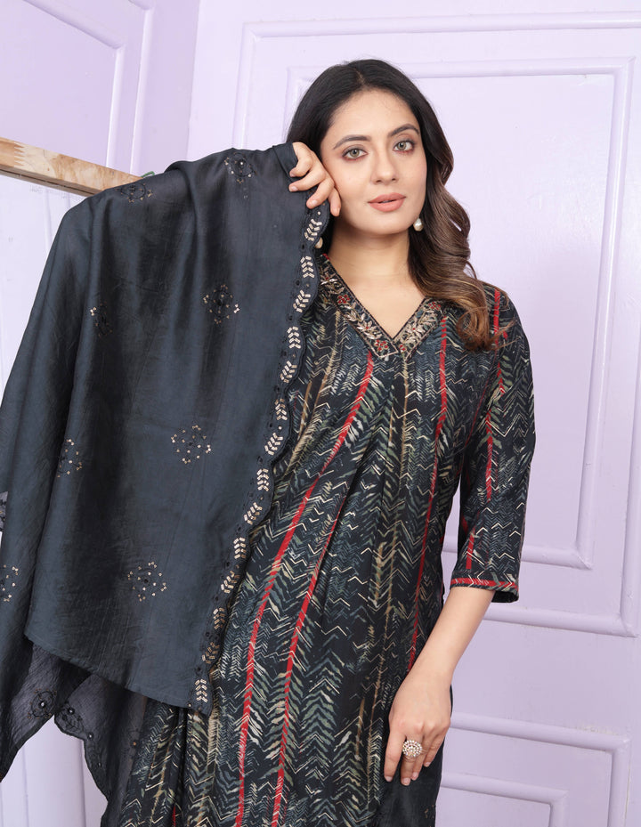 Black Foil Print With Work Dupatta Kurti Set