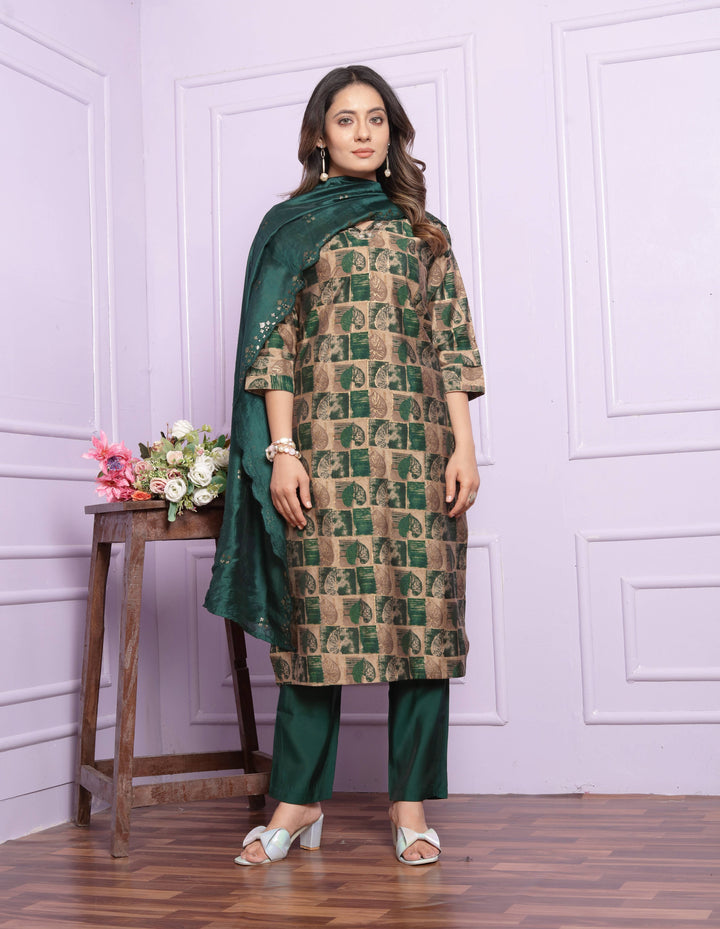 Green leaf Foil Print Kurti Set With Dupatta