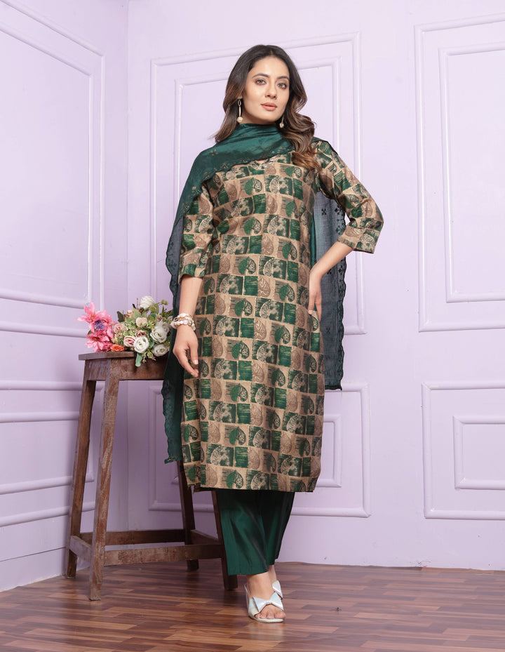 Green leaf Foil Print Kurti Set With Dupatta