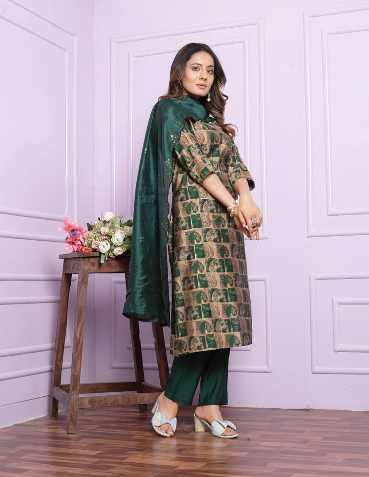 Green leaf Foil Print Kurti Set With Dupatta