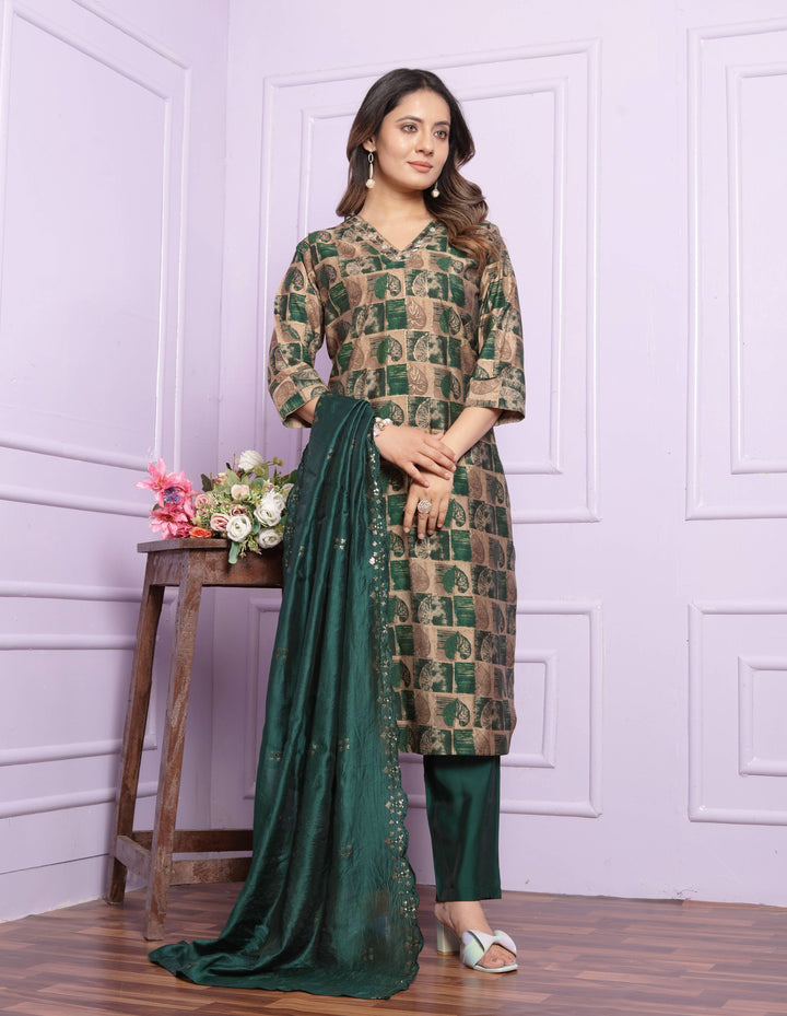 Green leaf Foil Print Kurti Set With Dupatta