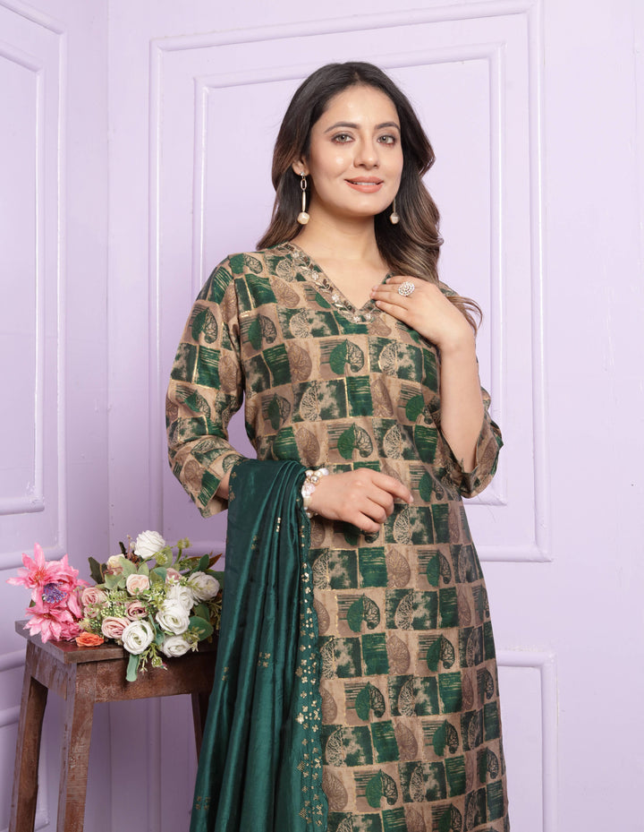 Green leaf Foil Print Kurti Set With Dupatta