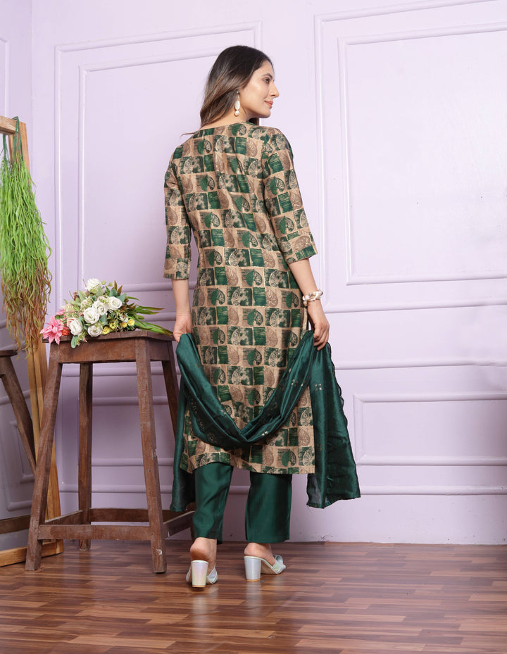 Green leaf Foil Print Kurti Set With Dupatta