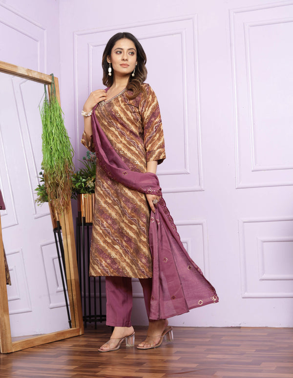 Leheriya Print Design Kurti Set With Dupatta