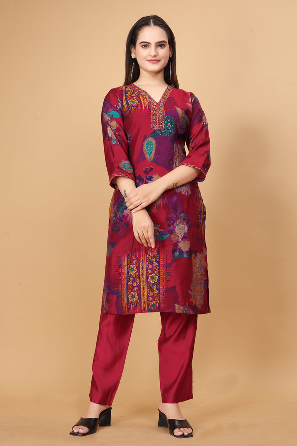 Artistic Maroon Elegance Kurti Set