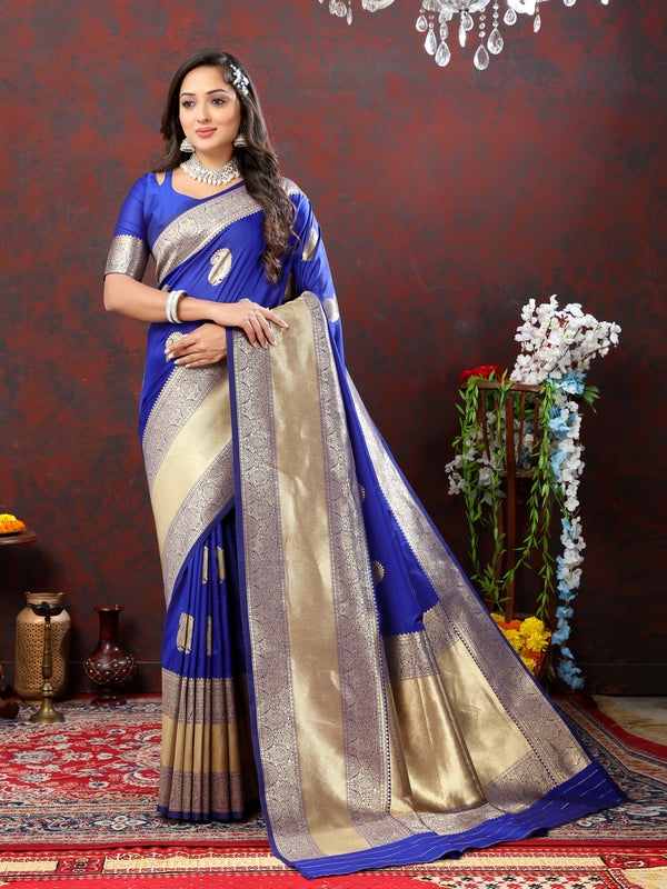 Regal Royal Blue Silk Saree With Blouse Piece