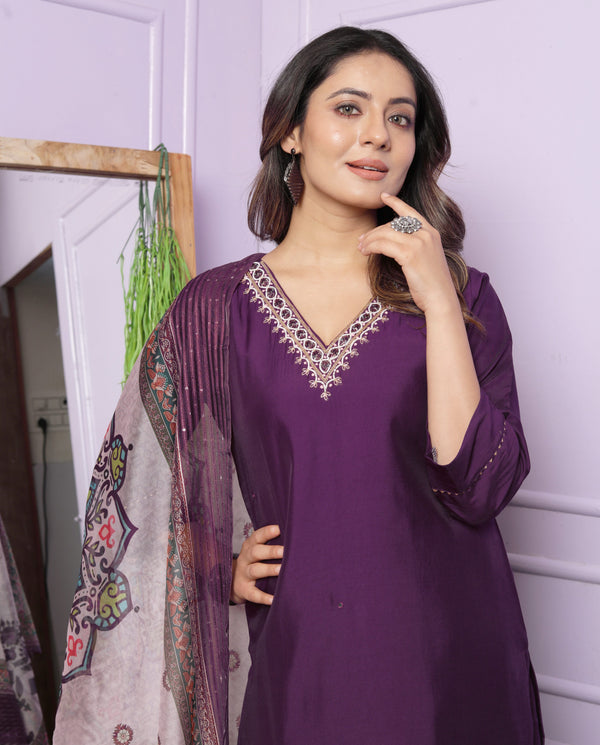 Silk Kurti Palazzo Set in Deep Purple with Sequin Organza Dupatta