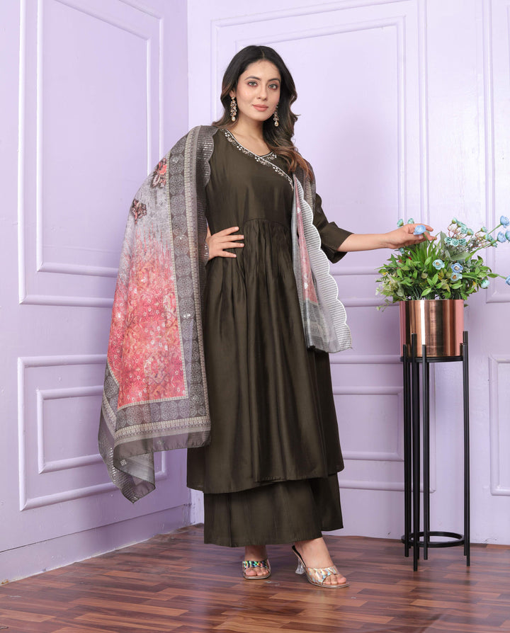 Olive Brown Viscose Slub Kurta Set With Floral Dupatta