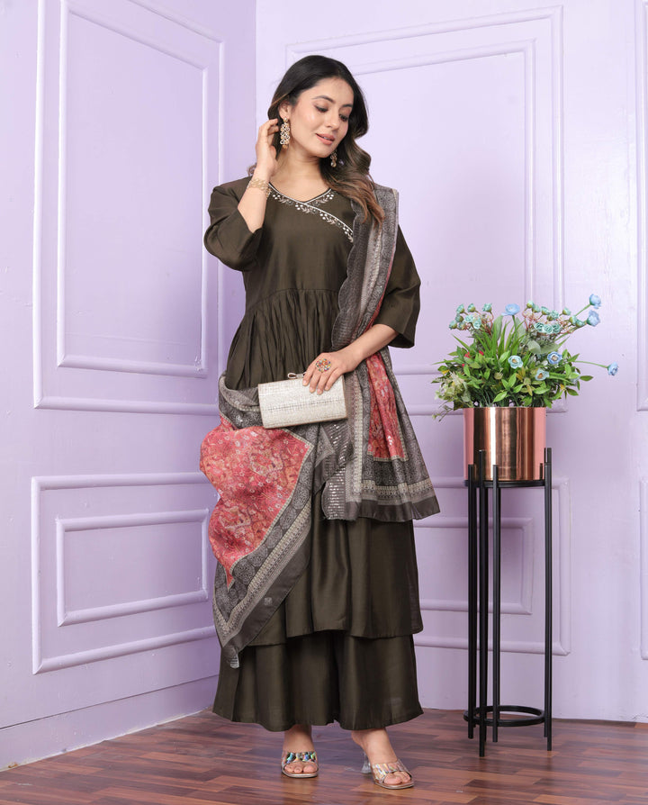 Olive Brown Viscose Slub Kurta Set With Floral Dupatta