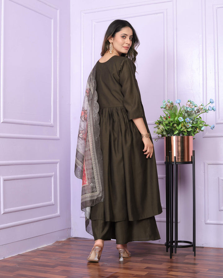 Olive Brown Viscose Slub Kurta Set With Floral Dupatta