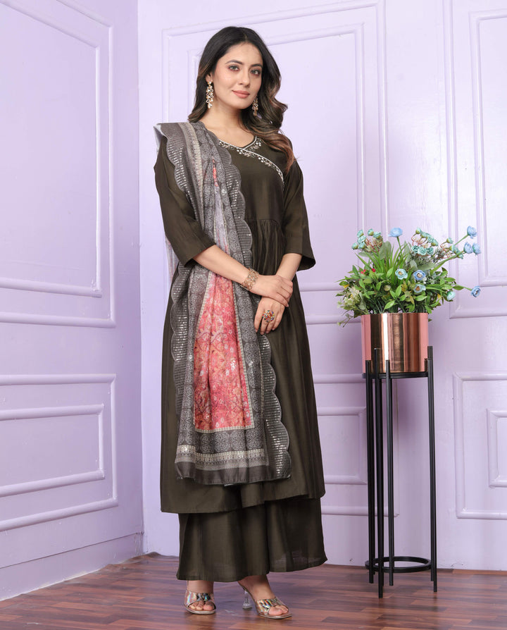 Olive Brown Viscose Slub Kurta Set With Floral Dupatta