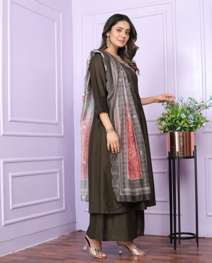 Olive Brown Viscose Slub Kurta Set With Floral Dupatta