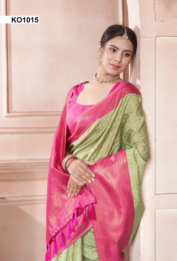 Green Mist And Light Carmine Pink Border Kanjivaram Silk Saree