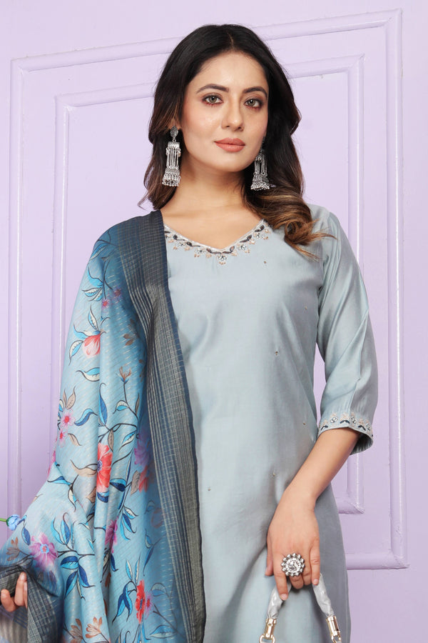 Sky Blue V Neck Kurti Set (4 Size Of Set)