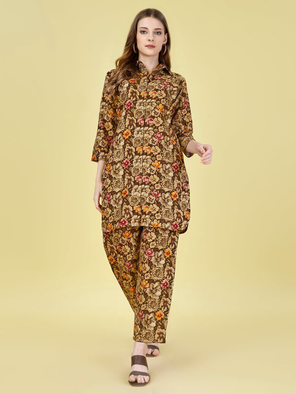 Brown Flower Foil Print Design Co Ord Sets