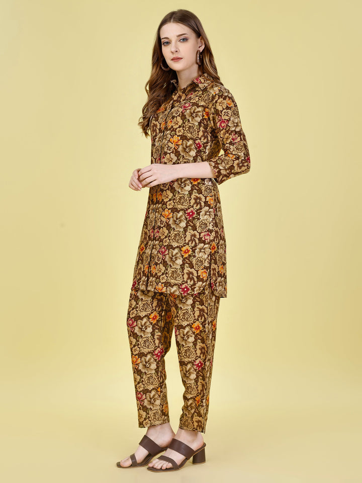 Brown Flower Foil Print Design Co Ord Sets