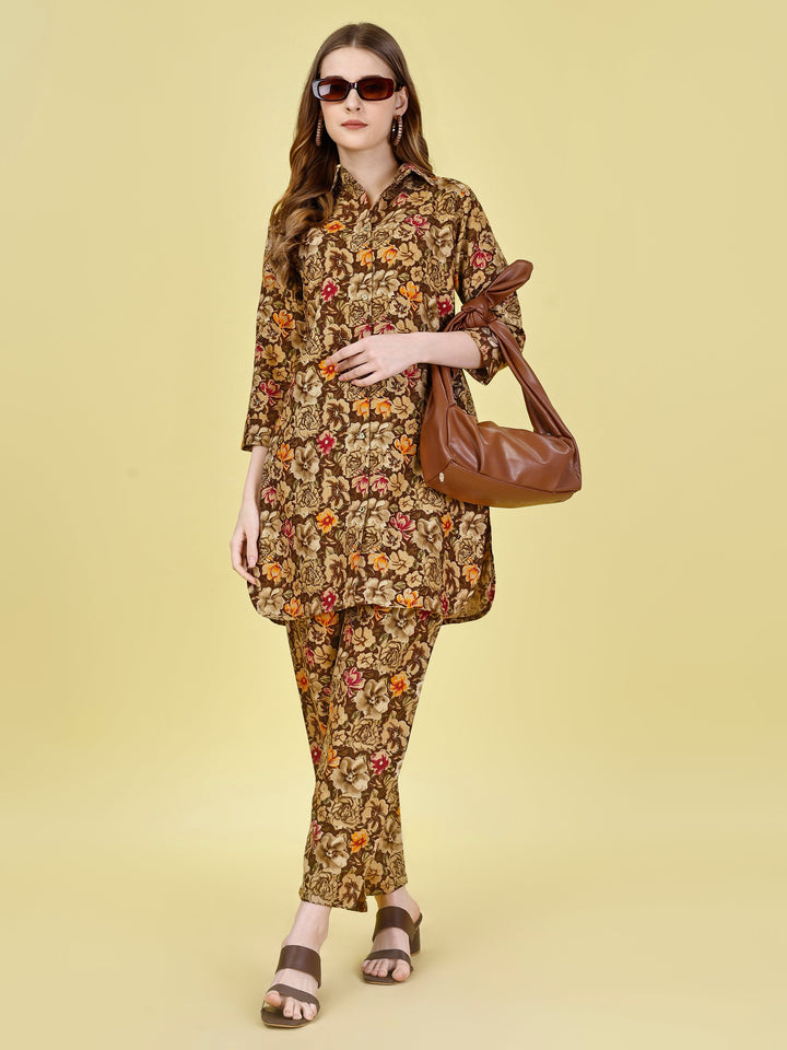 Brown Flower Foil Print Design Co Ord Sets