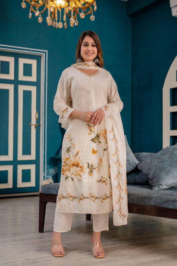 Cream Digital Print Kurti Set with Dupatta   (4 Size Of Set)