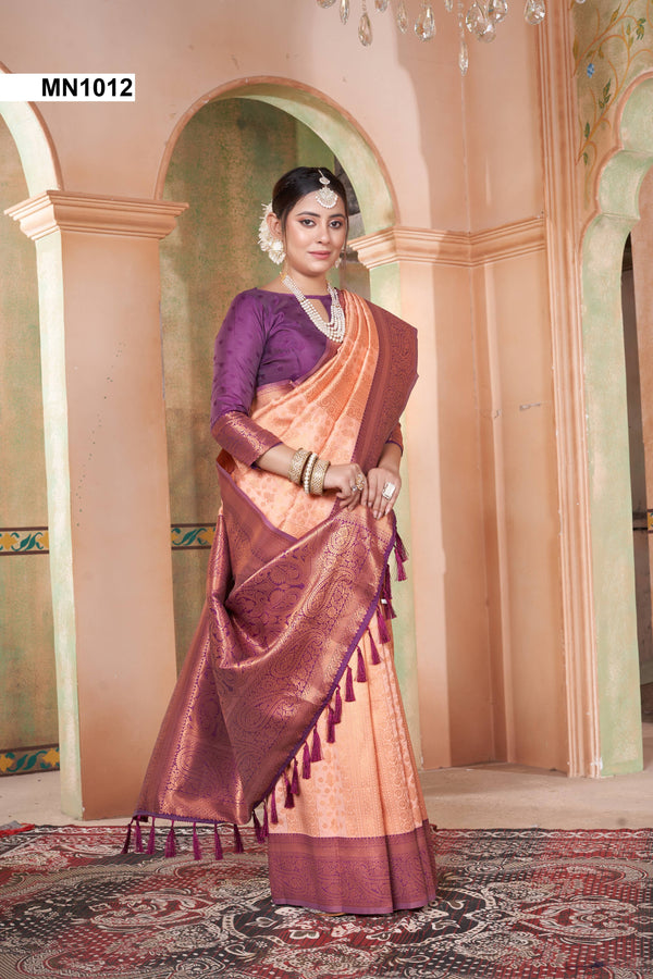 Peach and Aubergine Kanjivaram Silk Saree