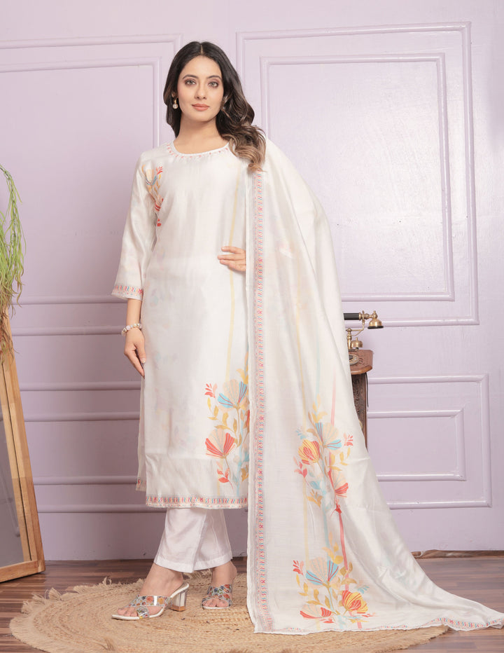 White Floral Print Straight Kurti Set