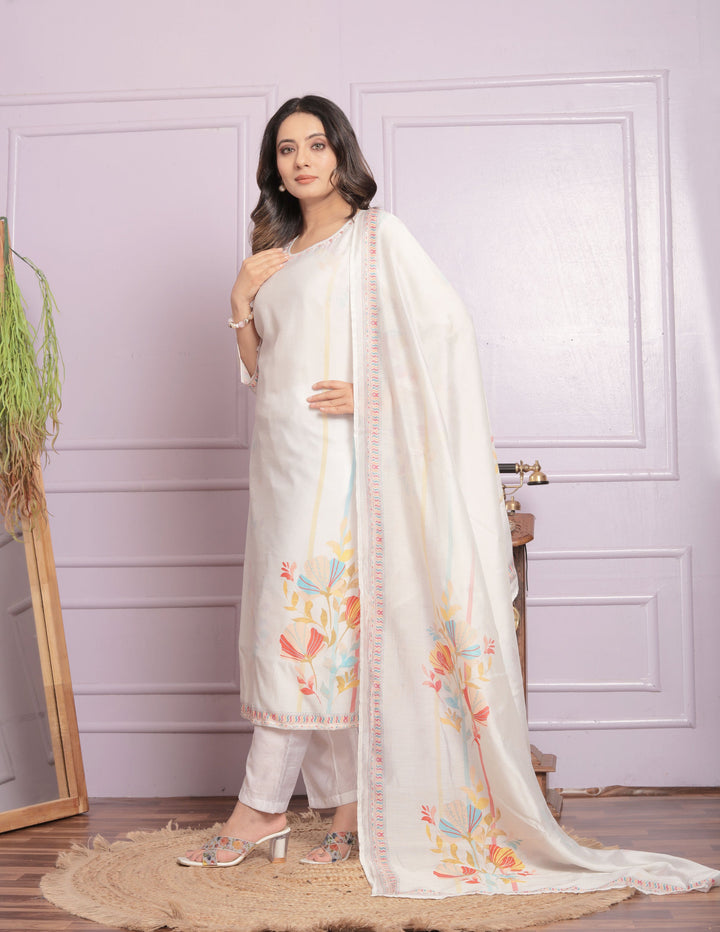 White Floral Print Straight Kurti Set