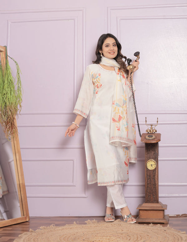 White Floral Print Straight Kurti Set