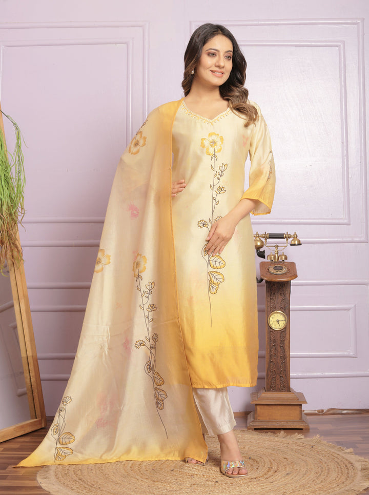 Vibrant Yellow Kurti Set with Floral Accents