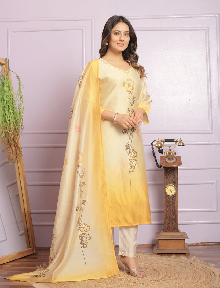 Vibrant Yellow Kurti Set with Floral Accents